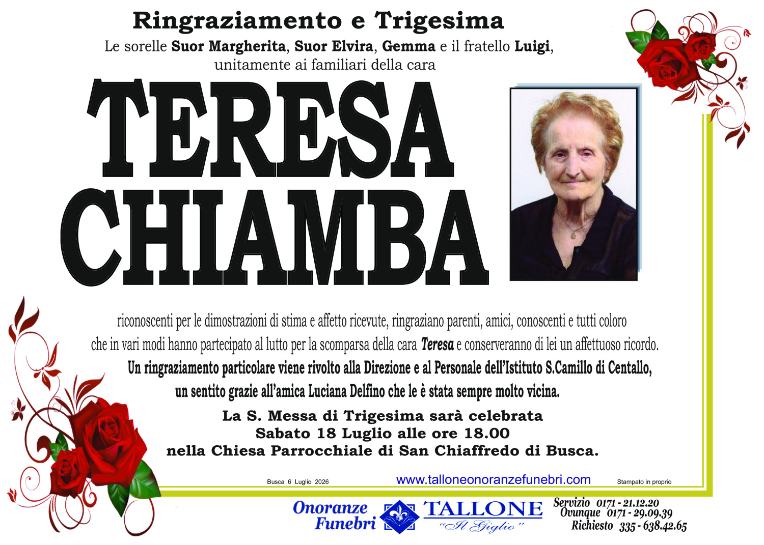 <br />
<b>Warning</b>:  Undefined variable $info in <b>/home/tallone/public_html/ringraziamenti.php</b> on line <b>68</b><br />
Teresa Chiamba